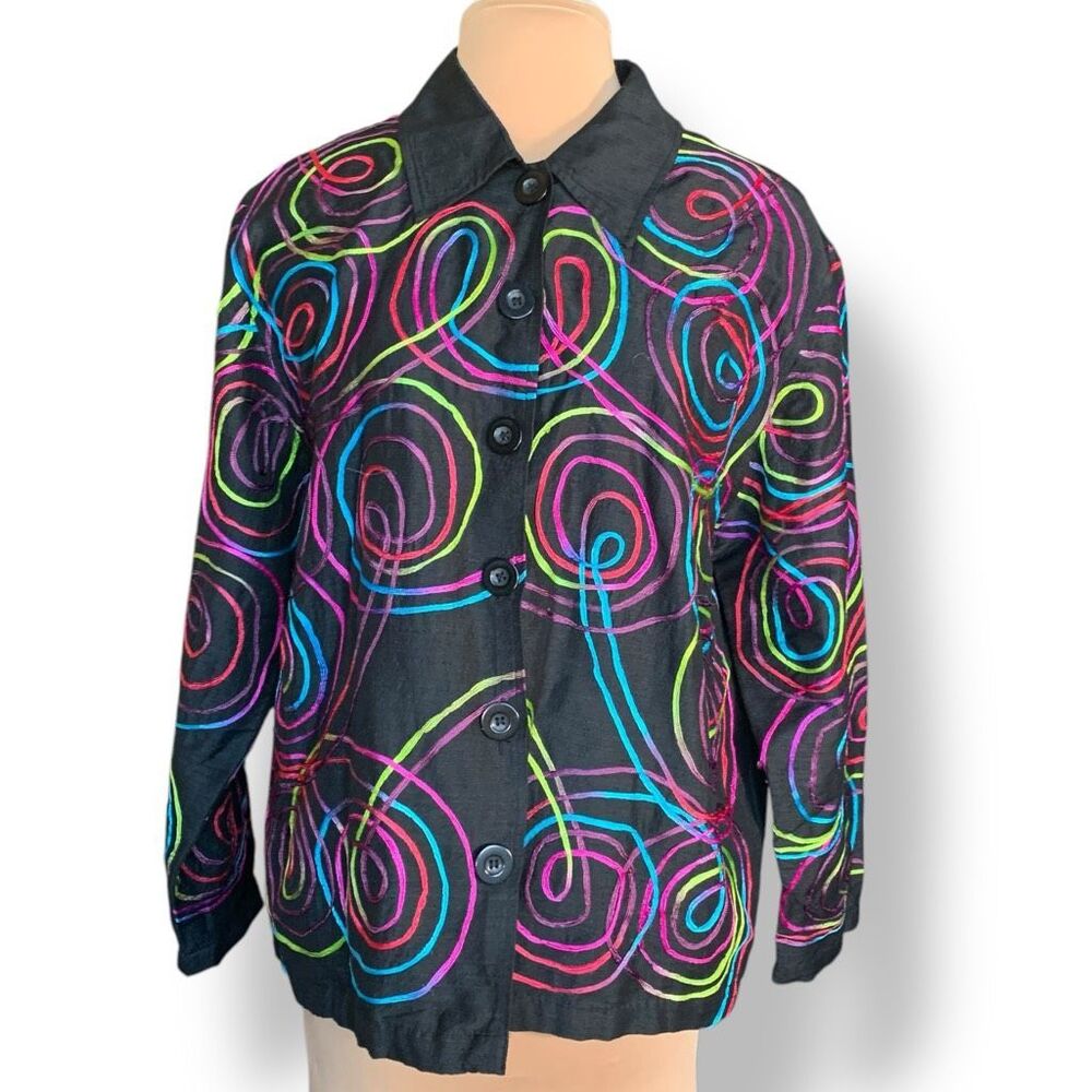 NDS Woman Silk Blend Button-Up‎ Shirt Jacket Oversized Black Embroidered Plus 1X